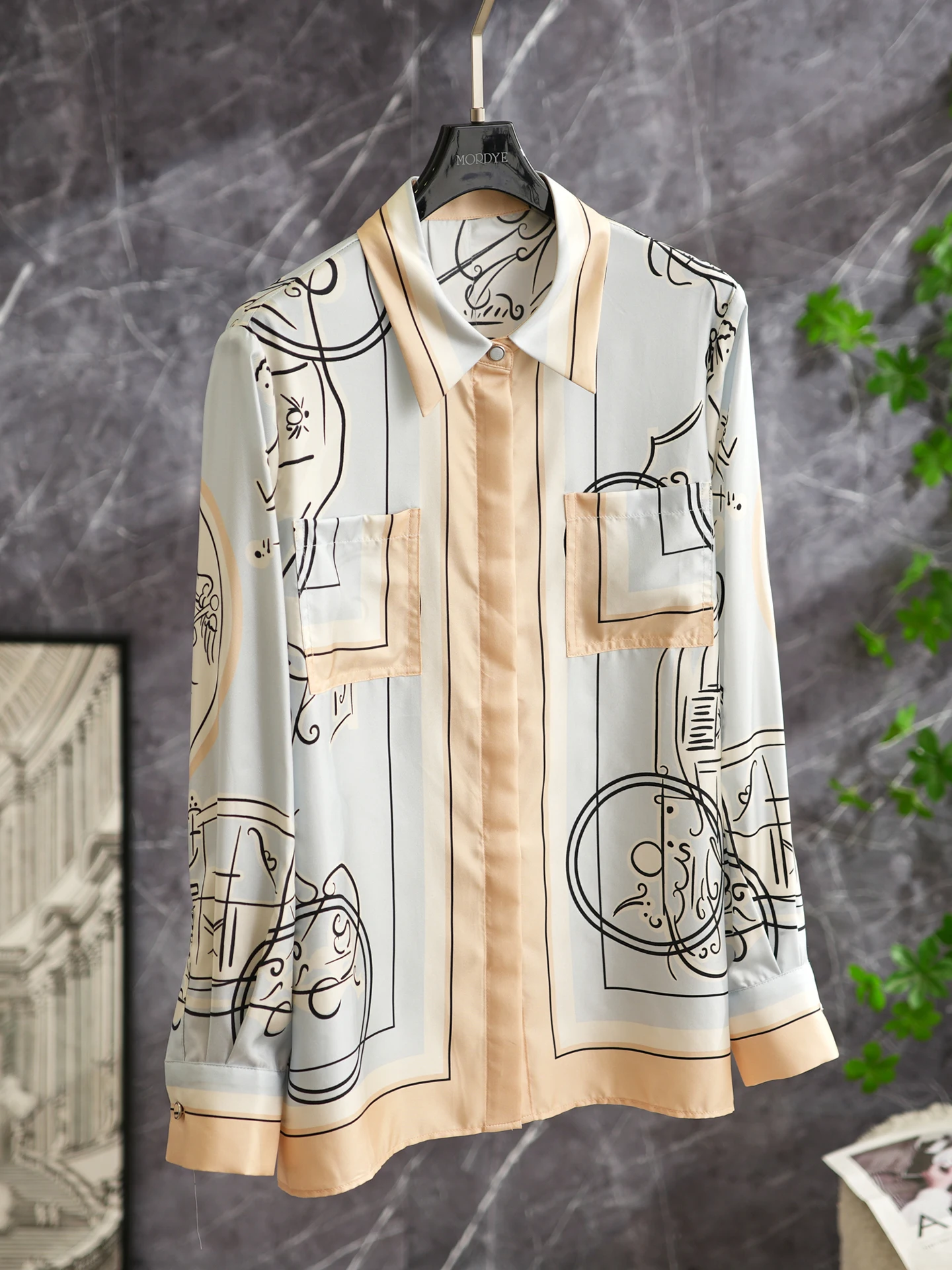 

Long Sleeve Silk Satin Graffiti Shirt Wealth And Prosperity Design Original Creation Women's Comfortable Breathable...