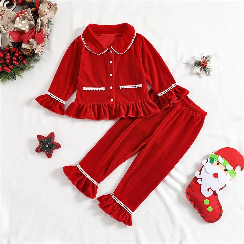 New Fashion Baby 2Pcs Velvet Pajamas Set Long Sleeve Lace Patchwork Button Down Tops + Pants Set 12 Months-5 Years