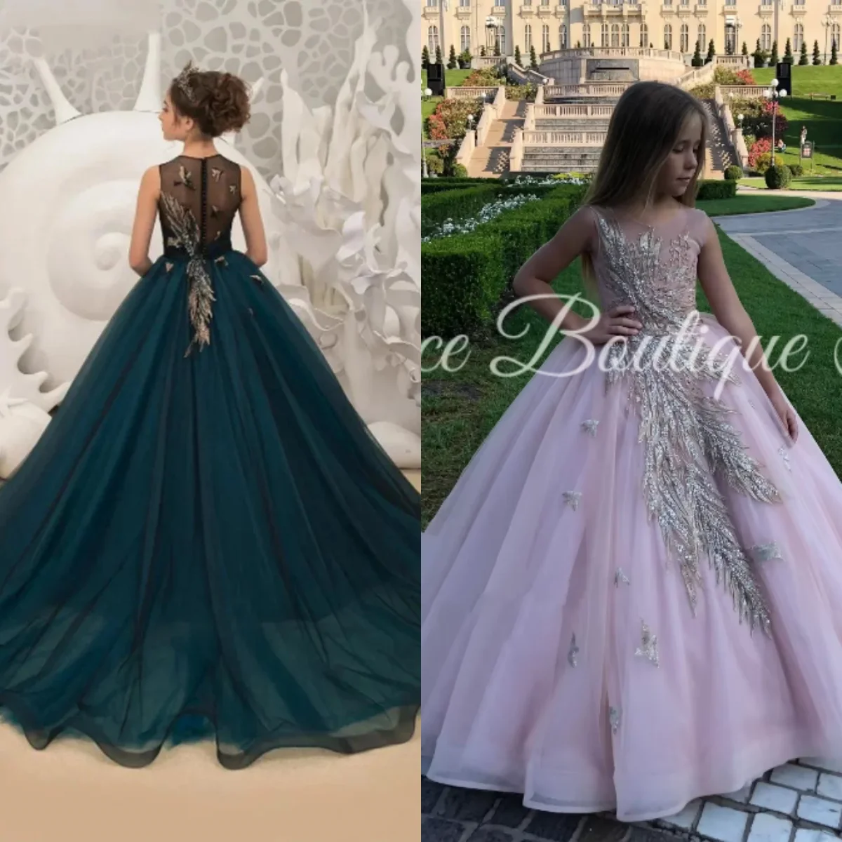 

Flower Girl Dress Customized Lace Feather Appliques Sleeveless Tulle Floor Length Dresses For Wedding Girls First Communion Gown