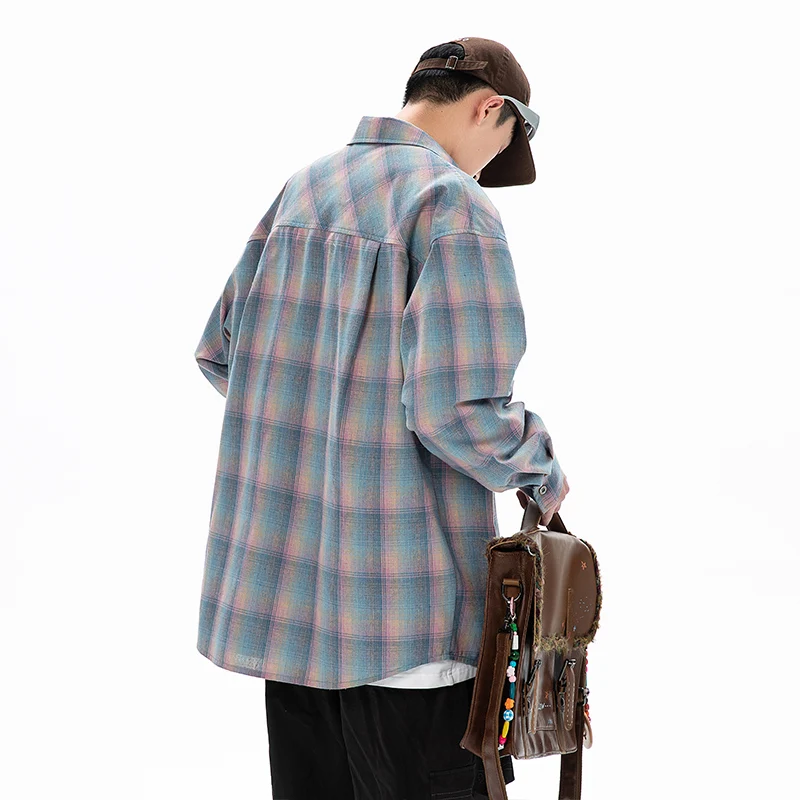 Oversized Long Sleeved Shirt Men Fashion Casual Shirt Men Streetwear Korean Loose Colorful Plaid Shirt Mens Vintage Shirts M-2XL