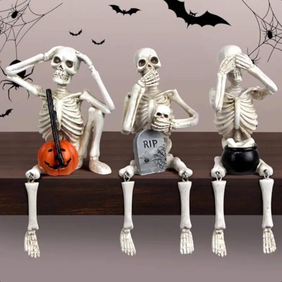 

Halloween Skeleton Statue Set of 3 Gothic Decoration of Skull with Pumpkin and Tombstone See Speak Hear No Evil Statues Home De