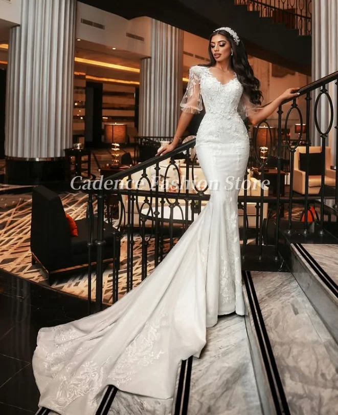 تخصيص 2025 مثير الخامس الرقبة حورية البحر فساتين الزفاف العربية الدانتيل زين طويل الطابق طول زي العرائس الشرق الأوسط