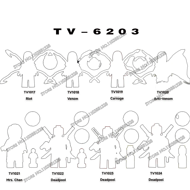 TV6203 Action Mini-Figuren Film-Bausteine Riot Venom Carnage Anti-Venom Mrs. Chen Deadpool TV1024 DIY-Spielzeug