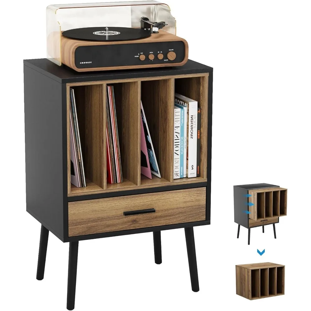 

Record Player Stand with Nesting Vinyl Storage Crate, Record Player Table with a Drawer and Solid Wood Legs, Side En