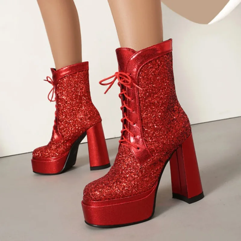 النساء حذاء من الجلد 2026 أحذية منصة حمراء أنيقة رصع الترتر الدانتيل يصل الخريف الشتاء مريح مستقرة كعب عالي مكتنز #1