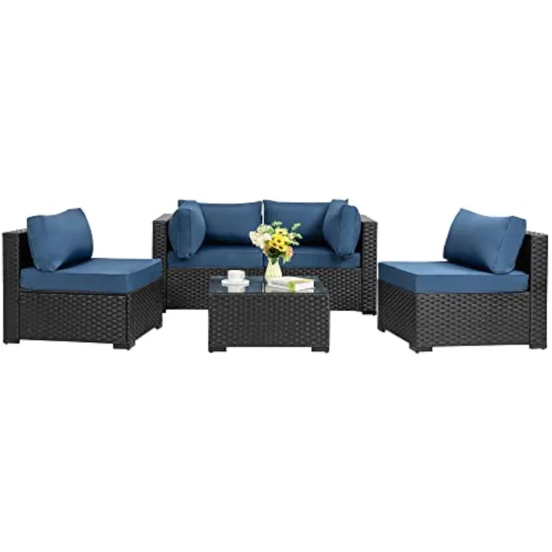 

5 Pieces Outdoor Patio Sectional Sofa Couch, Black PE Wicker Furniture Sets, Patio Conversation Sets with Washable