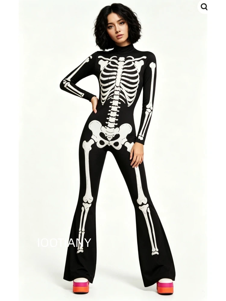 Damen-Jumpsuit mit ausgestellten Schlaghosenbeinen, geometrischem Schmetterlings-Skelett-Muster, figurbetont, Catsuit, Festival-, Rave-, Halloween-Cosplay-Outfit – Detail 38