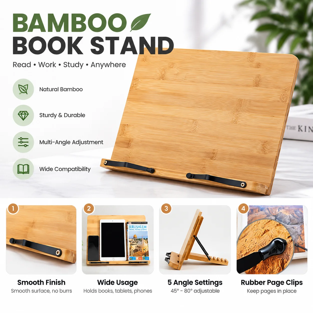 Supporto per libri in legno regolabile, portatile, ideale per la lettura, robusto, per libri di cucina e manuali scolastici, supporto da scrivania mul