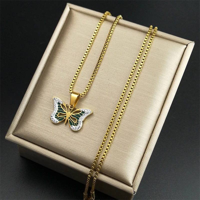 

Y2K Crystal Butterfly Necklace for Women Korea Style Stainless Steel Vintage Hollow Pendant Necklaces Jewelry Gifts NZZZ61S04