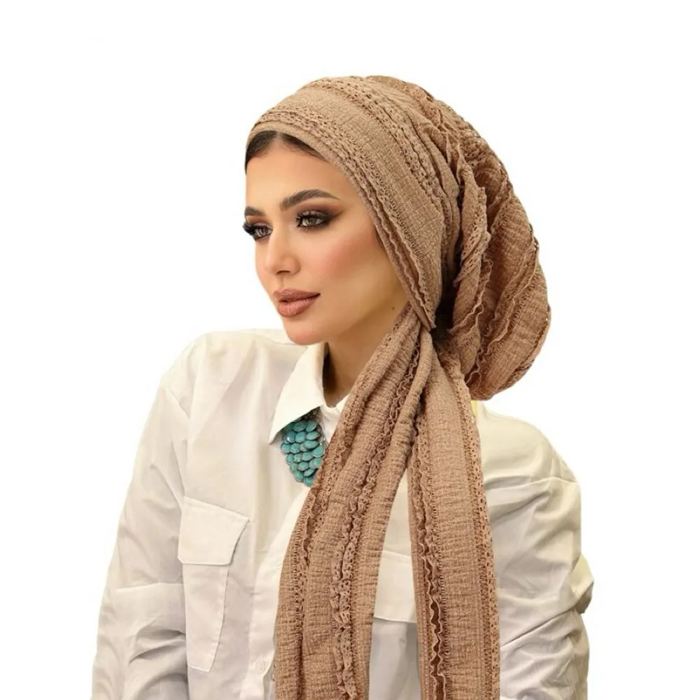 Adjustable Women Turban Hats Soft Stretch Polyester Solid Color Crinkle Hijabs Unicolor Long Tail Tie Wrinkle Headscarf Modest