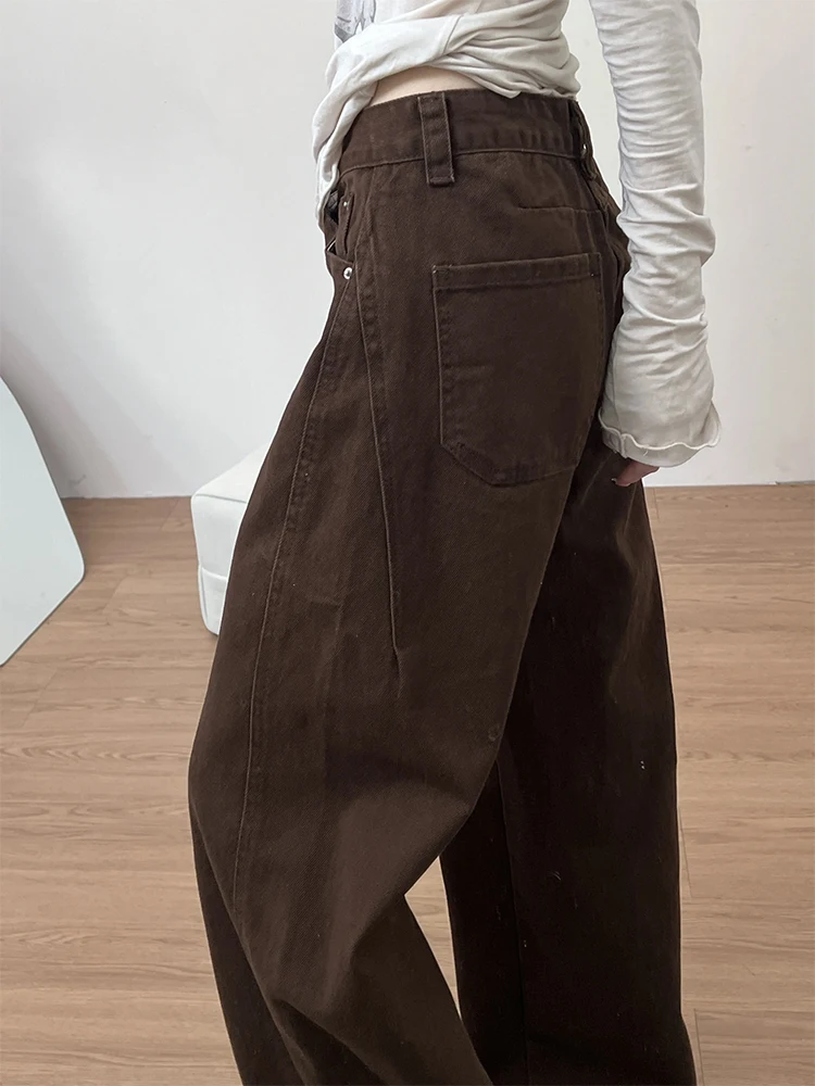 

Женские джинсы Deep Coffee с прямыми штанинами, осенне-зимние, утепленные, с высокой талией, свободные, в американском стиле, широкие брюки