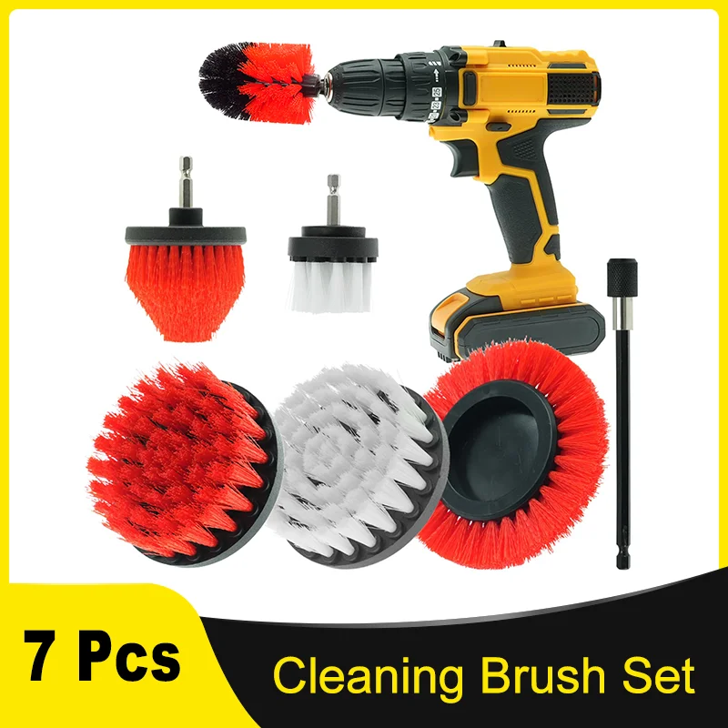 

Cleaning Brush Set All Purpose 7 Pcs with Extend Attachment for Bathroom Surfaces Grout Floor Tub Shower Tile Kitchen and Car