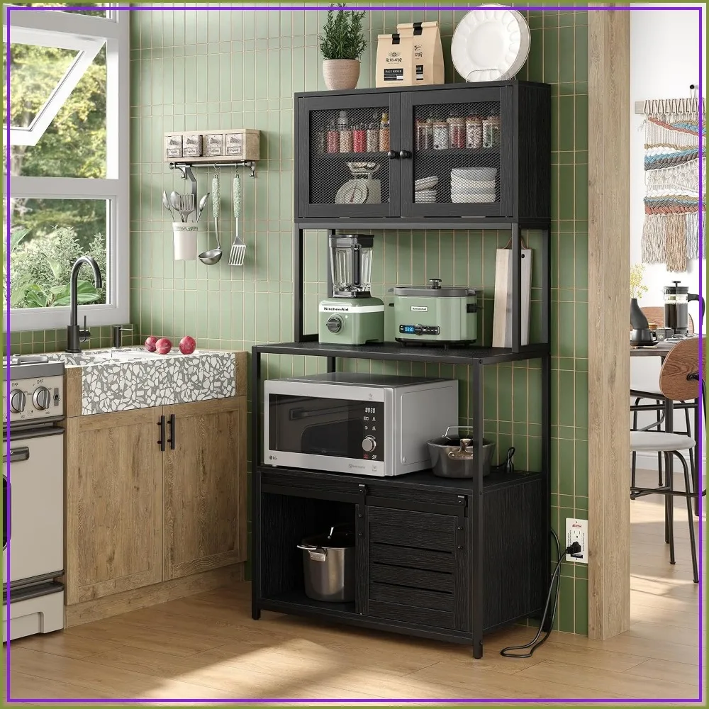 6-Tier Kitchen Bakers Rack with Power Outlet, Industrial Microwave Stand with Shelves, Black