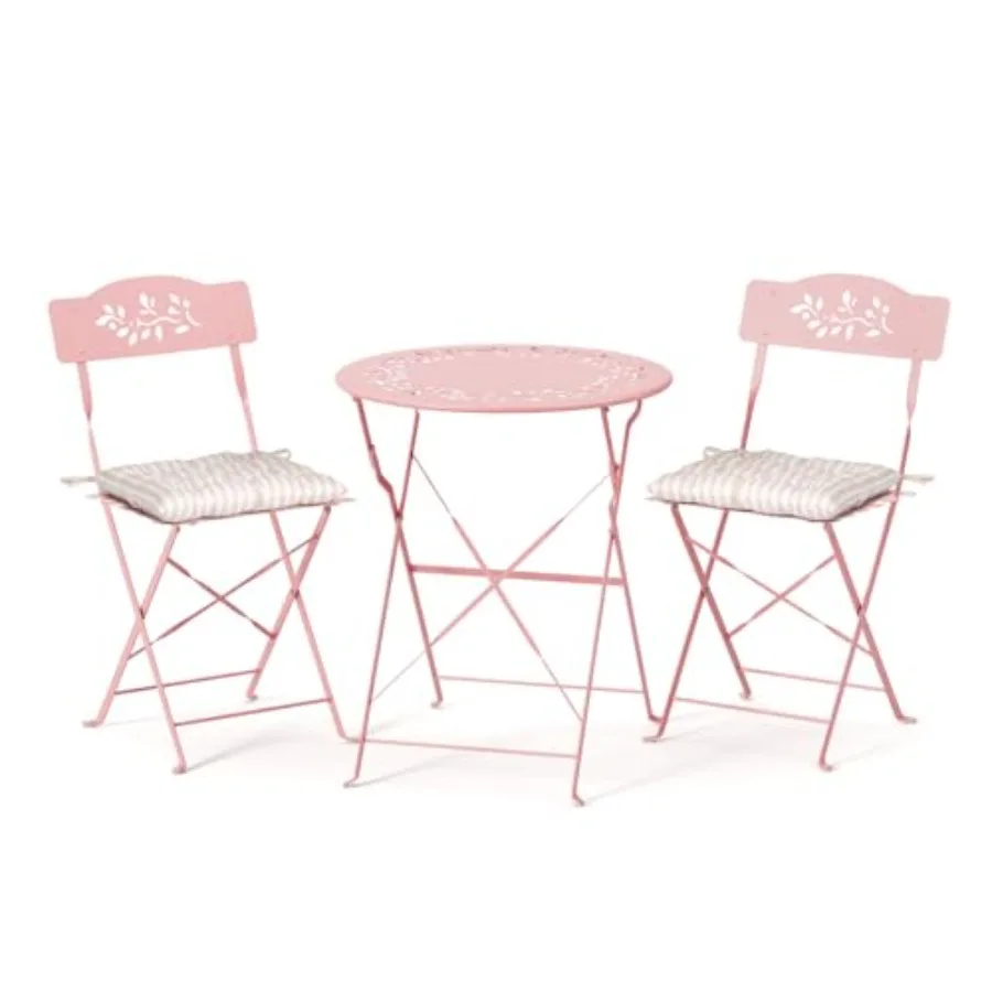 Outdoor Folding Bistro Table and Chairs Set of 2, 3-Piece Bistro Set with Olive Leaf Cutout Design and Comfortable Cushions for