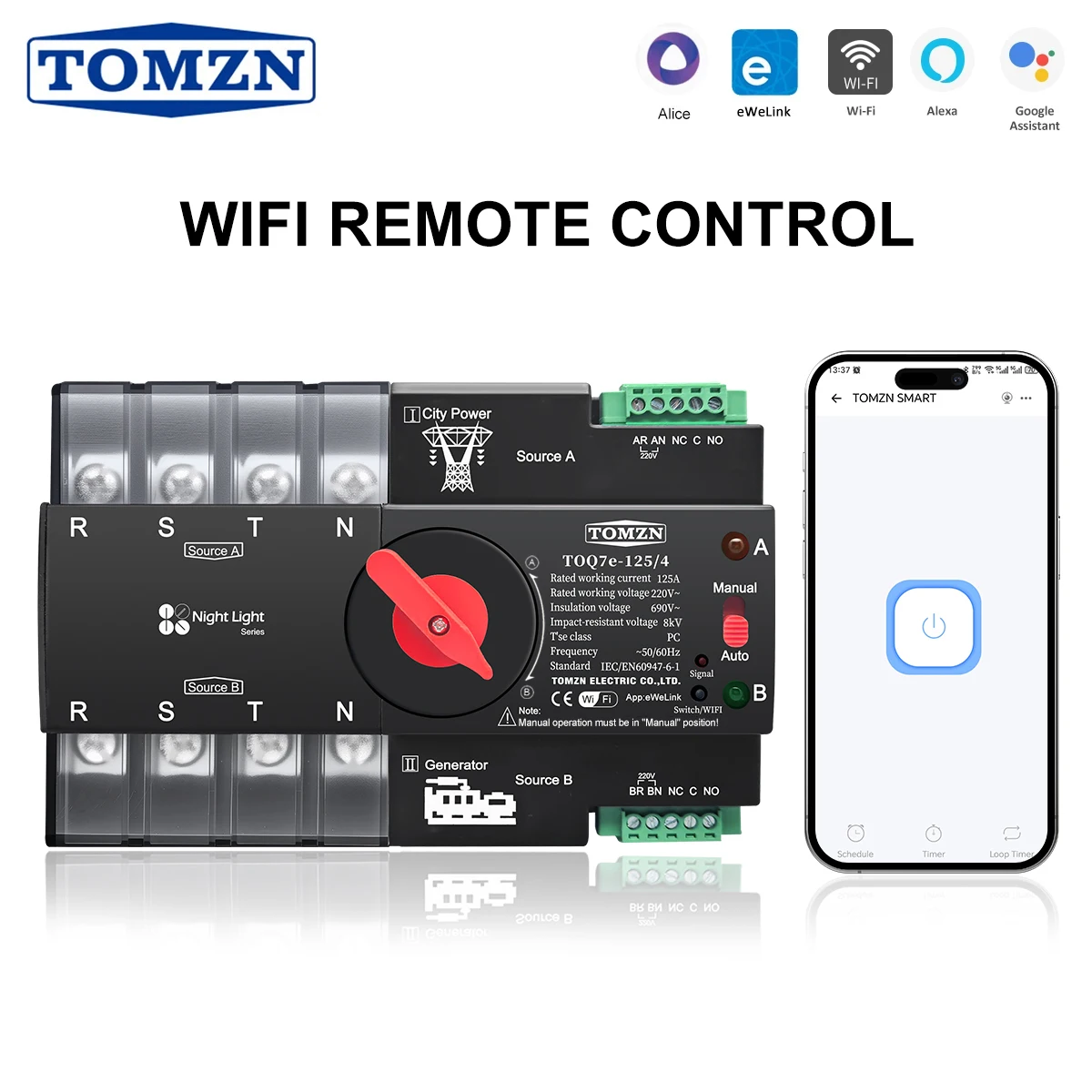 TOMZN Din Rail EWelink WIFI Smart ATS Timer 230V Dual Power Automatic Transfer Selector Switch Uninterrupted 4P 125A Generator