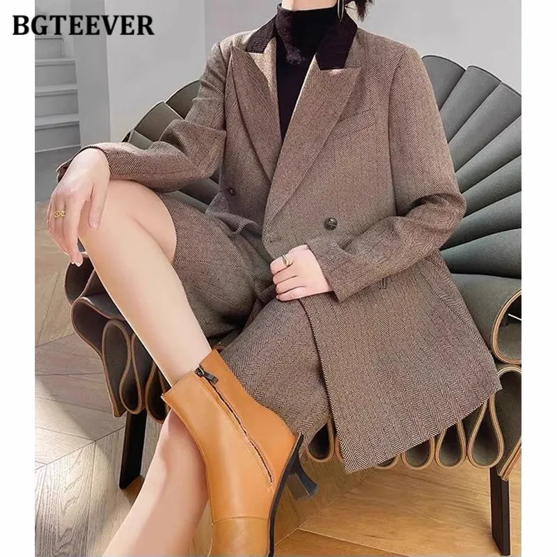 

BGTEEVER Autumn Winter Woolen Striped Shorts Suits for Women Long Sleeve Double Breasted Blazer Jackets Ladies Wide Leg Shorts