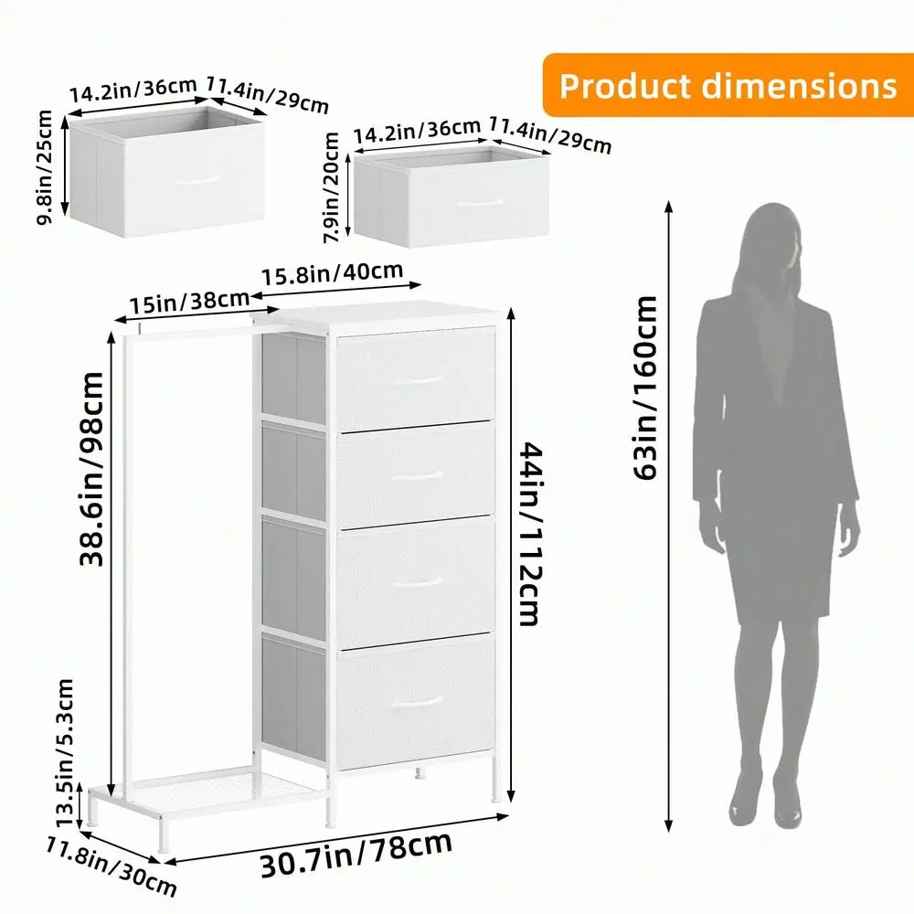 Dresser For Bedroom With 4 Fabric Drawers, Fabric Dressers Chest Of Drawers With Clothes Rack, Wooden Top, Grid Panel, Closet, - view 4