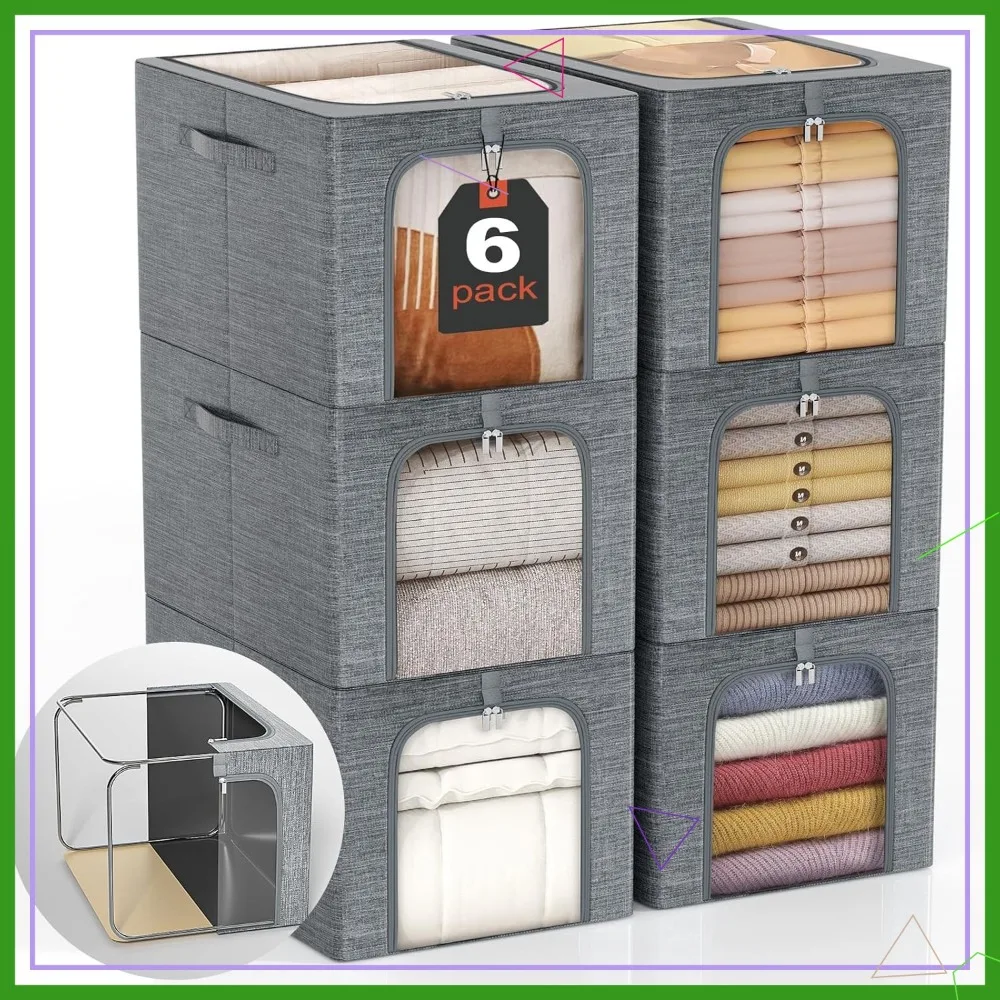 

Штабелируемый ящик для хранения в шкафу из 6 штук с крышкой и прозрачным окном, органайзер на металлическом каркасе 40 л для одежды и постельных принадлежностей