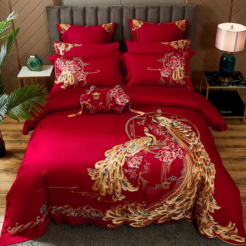 

Luxury Gold Phoenix Embroidery Bedding Set, Red Chinese Wedding Style, 100S Egyptian Cotton, Duvet Cover, Bed Sheet, Pillowcases