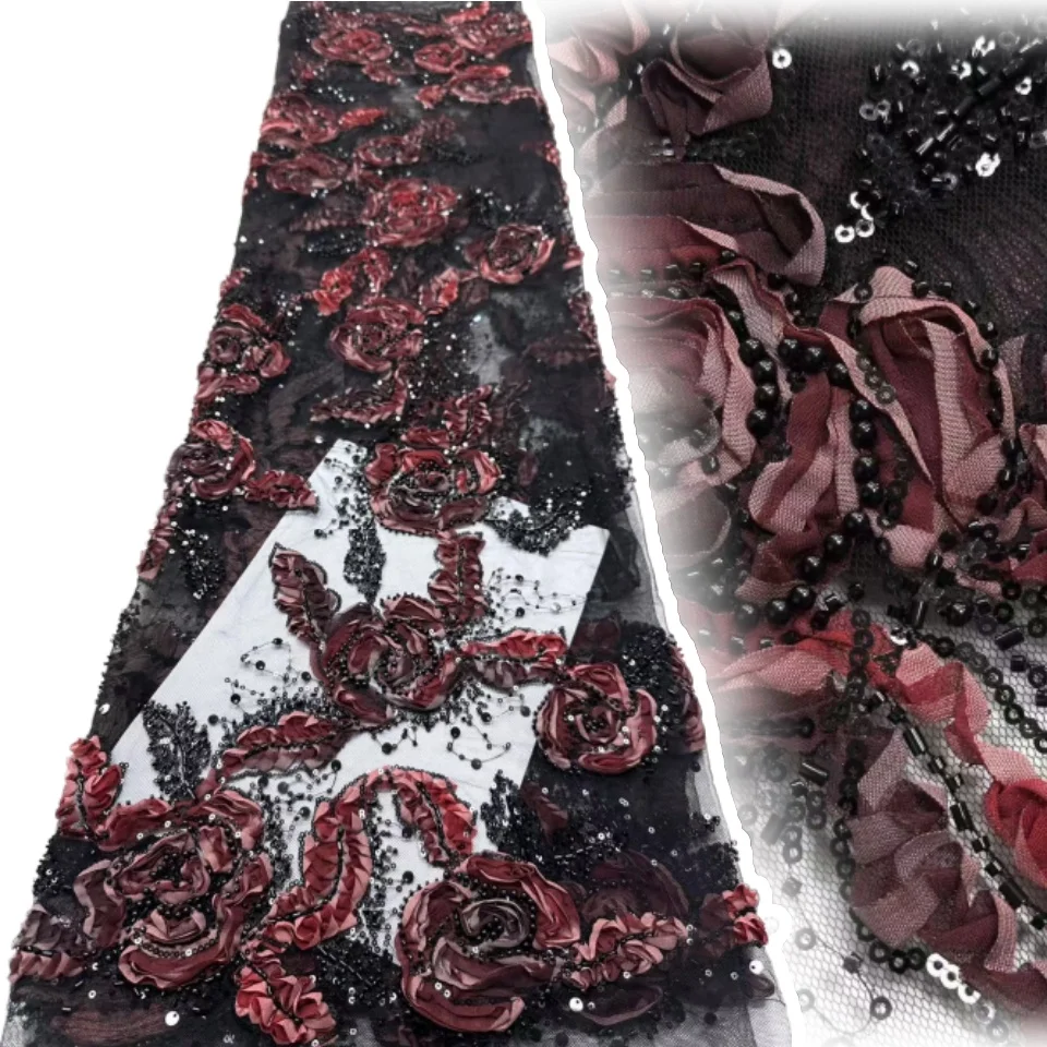 

Модная французская сетка с 3D цветами, вышивка бисером, кружевная ткань с блестками, африканская нигерийская ткань для свадебного шитья, 5 ярдов SZ1334