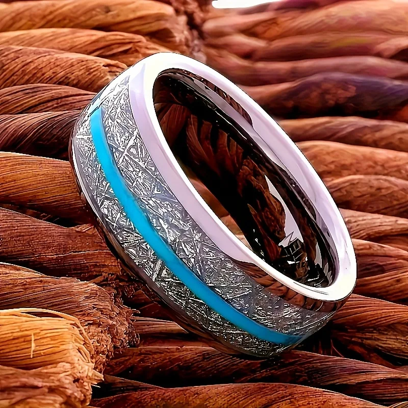 8MM Turquoise Stone Inlay Mne's Stainless Steel Rings Unique Silver Meteorite Women Wedding Band Jewelry Party Accessories Gift