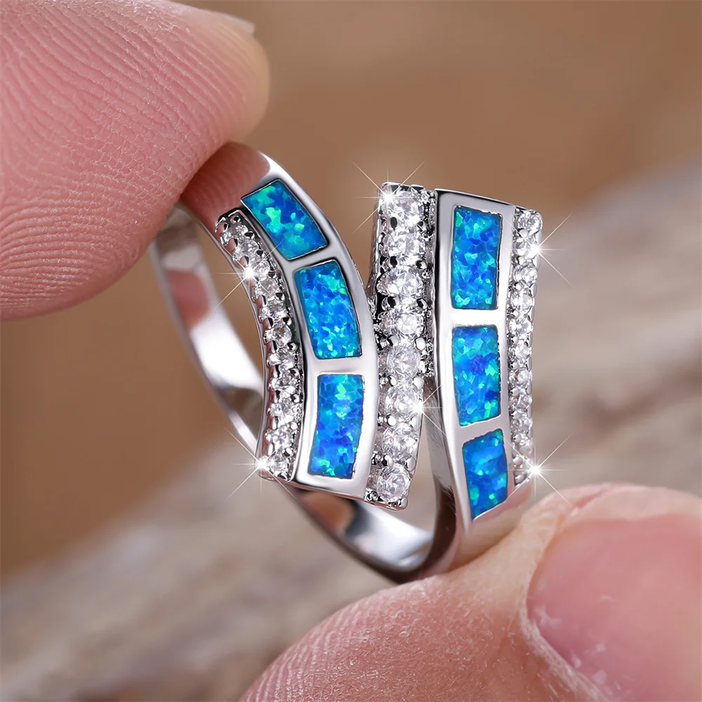 Luxury Crystal White Zircon Geometric Blue Opal Engagement Rings For Women Vintage Silver Color Wedding Band Jewelry Mother Gift