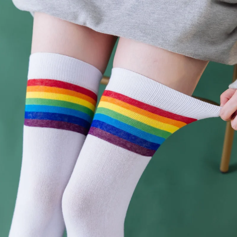 Autumn Winter Rainbow Striped -Length Calf Socks over the Knee Stockings Cotton Japanese and Korean College Style