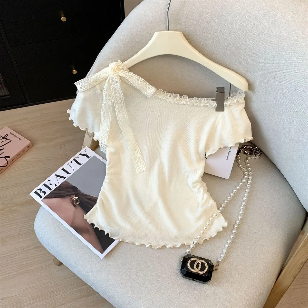 Summer New Women's Clothing Solid Color Girls Wind Lace Bow Strap Waist Slant Neck Off-Shoulder Short Sleeve T-Shirt
