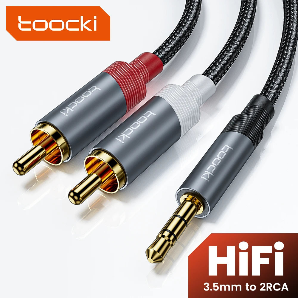 Toocki 3.5mm do 2 RCA przewód Aux 3.5mm jack do 2RCA męski Adapter rozdzielacz przewód Audio do smartfona głośnik do komputera przewód