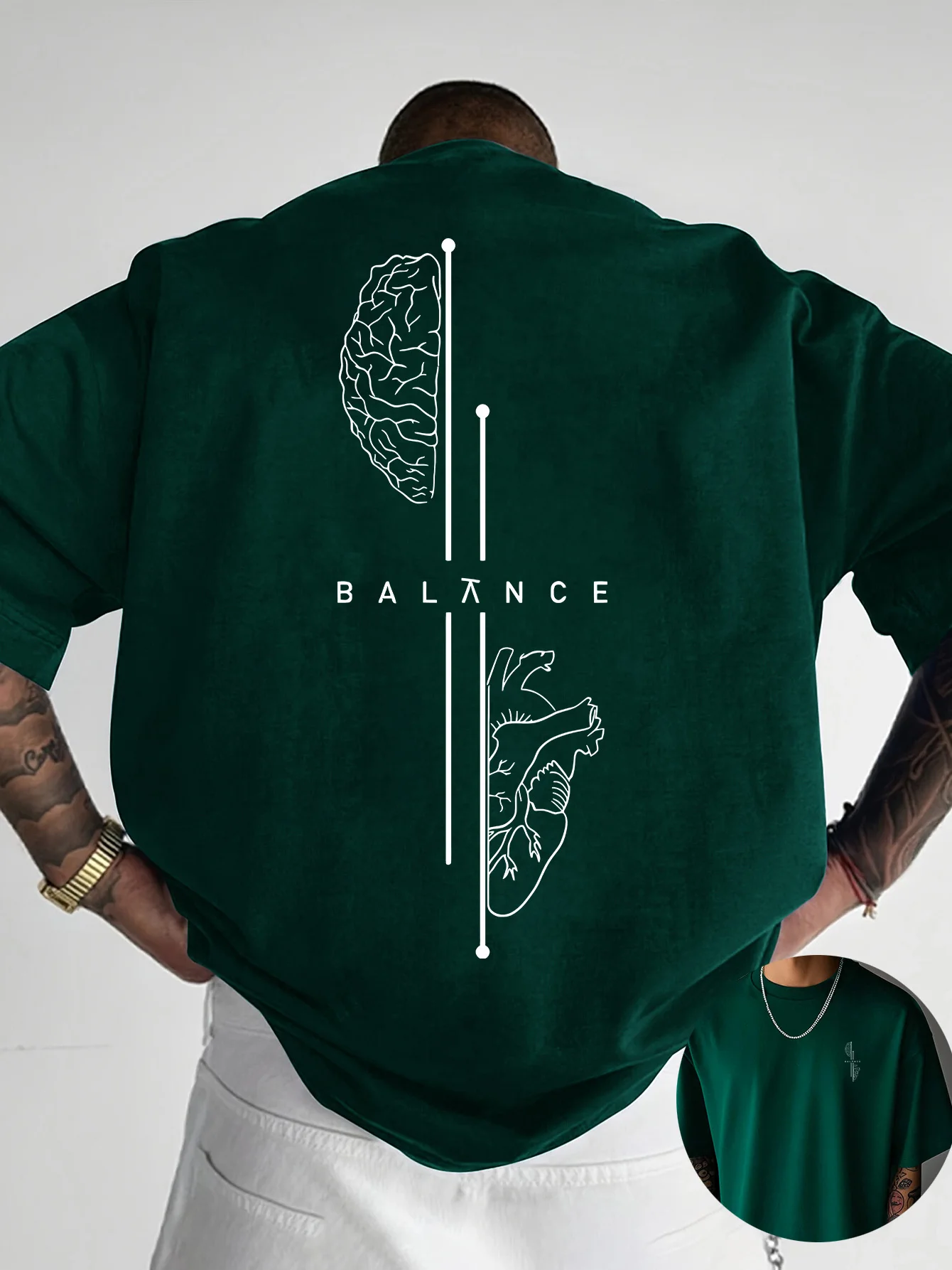 Brain and Heart Line Art Graphic Print 100% Cotton Mens T Shirt for Summer Streetwear Has A Sleek Minimalist Modern Aesthetic