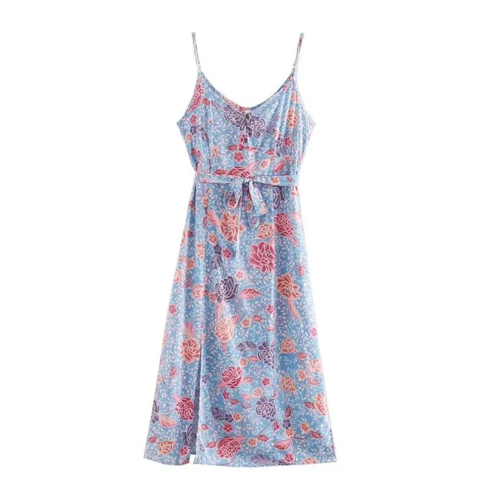 

2025 New Women's Casual Elegant European and American Style Cotton Blossoms Printed Strap Belt Split Dress