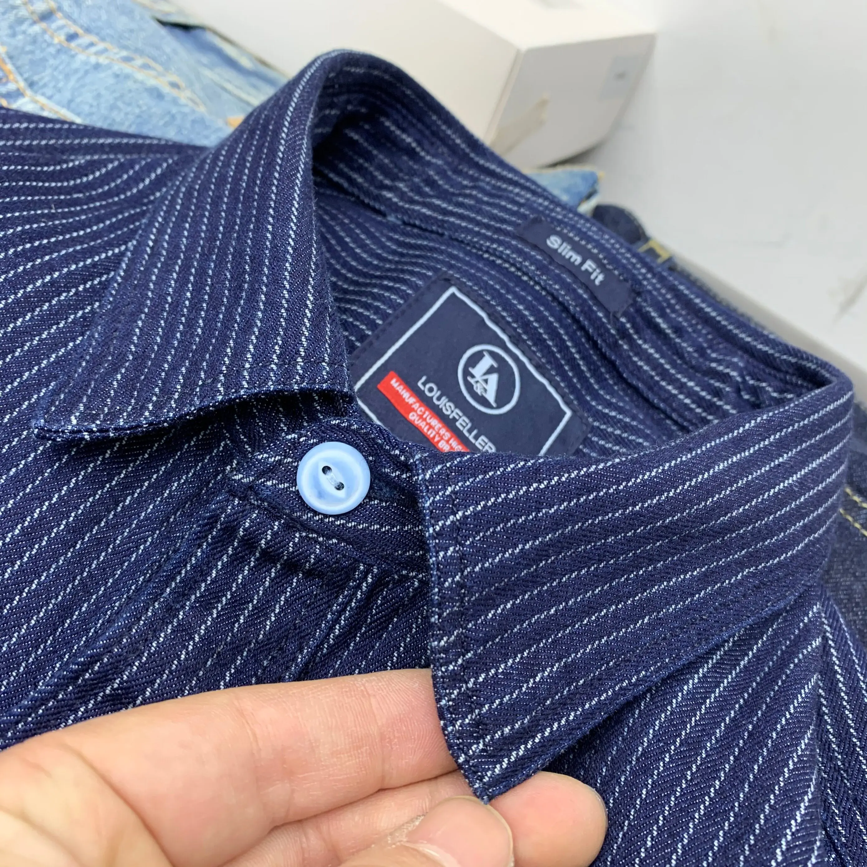 Men's Amekaji Japanese Vintage Workwear Shirt Raw Denim Pure Cotton Thin Vertical Stripes Harajuku Loose Fit Long Sleeve Tops
