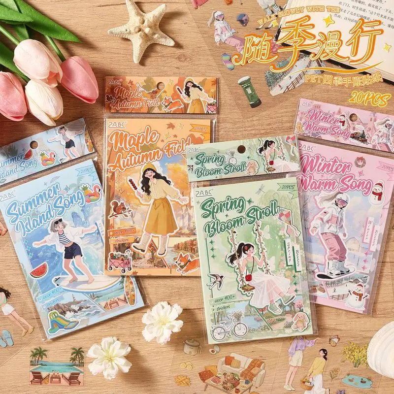 20Pcs Transparent Season‑themed Girls PET Stickers, Lifestyle Character Decals for Junk Journal Collage DIY Planner Accessories