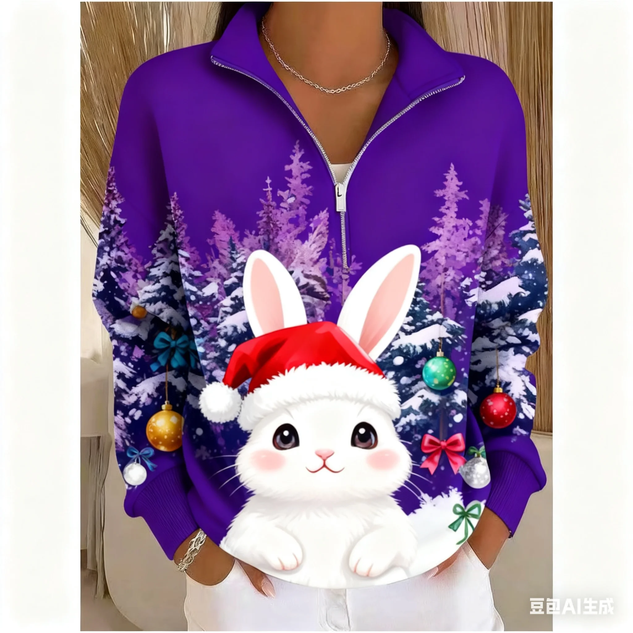 

Christmas Women's Sweatshirt elk pattern printed Zipper pullover sweater autumn and winter Women's clothing polyester sweatshirt