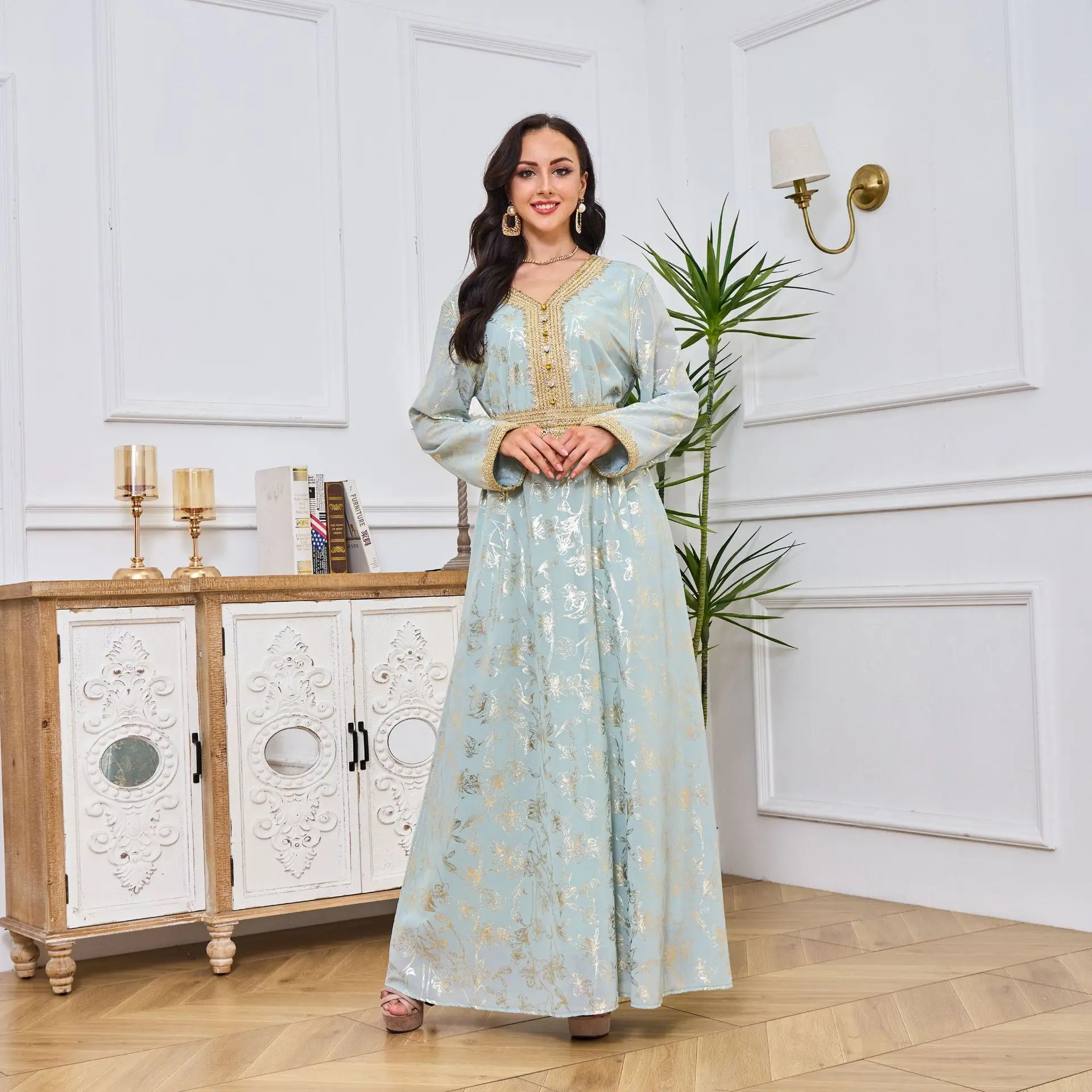 Faionable Long Sve Dr Gold Emed imprimé fleuri Station indépendante transfrontalière vêtements pour femmes Dubai Sle