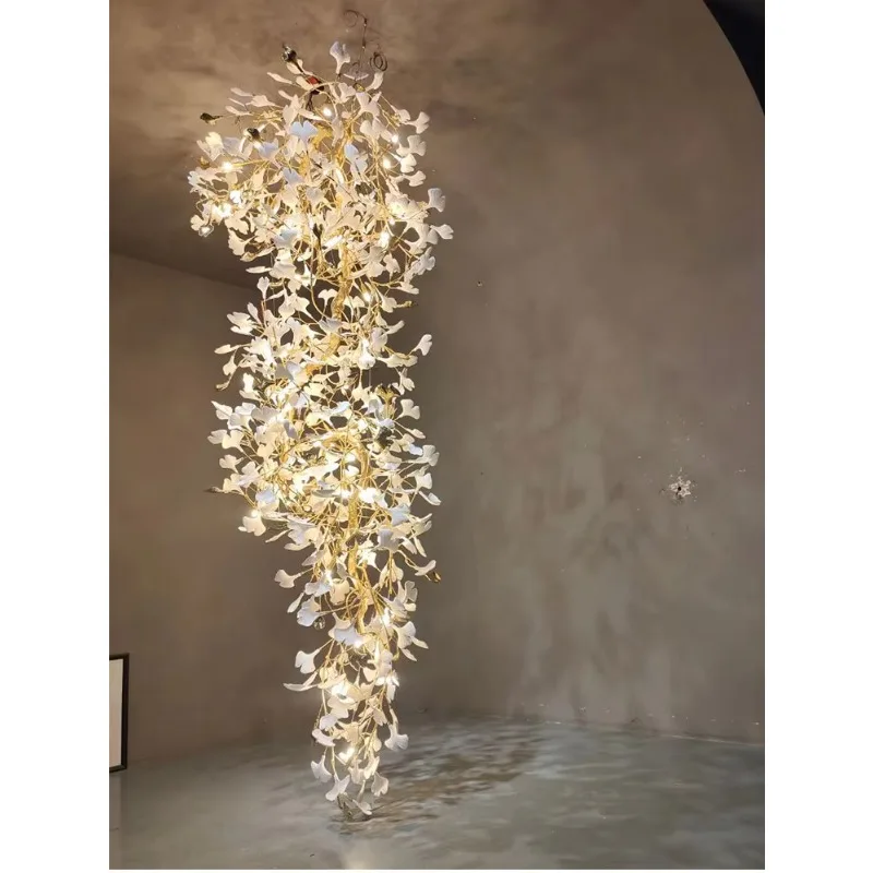 

Modern Ginko Leaves Hanging Staircase Chandeliers for Hall Lobby Luxury Large Designer High Ceiling Living Room Ceramics S-shape