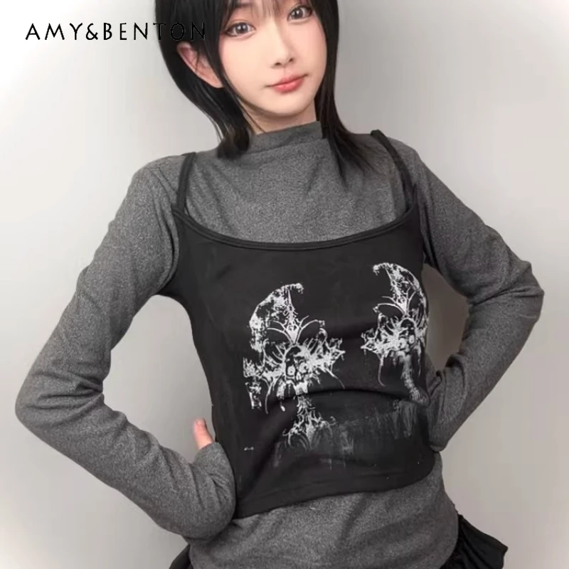 Original Design Subculture Fake Two-Piece Women's Bottoming Shirt 2026 Spring Sweet Cool Versatile Long Sleeve T-Shirt Ladies