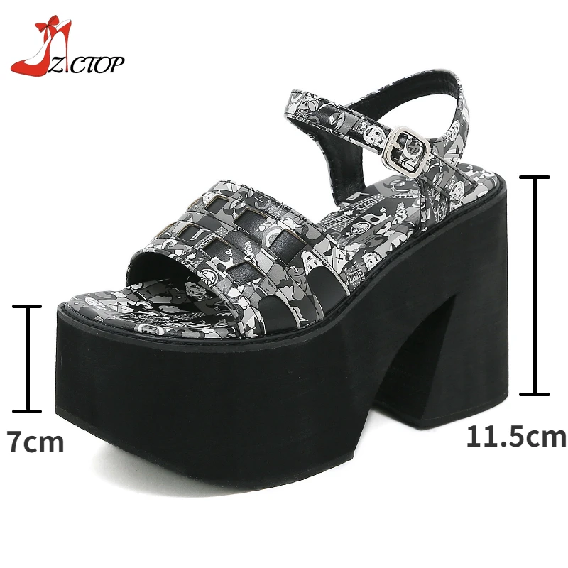 New Platform Sandals for Women Graffiti Fashion Casual Thick Bottom Shoes Summer Ankle Strap High Heeled Sandals Big Size 42 43