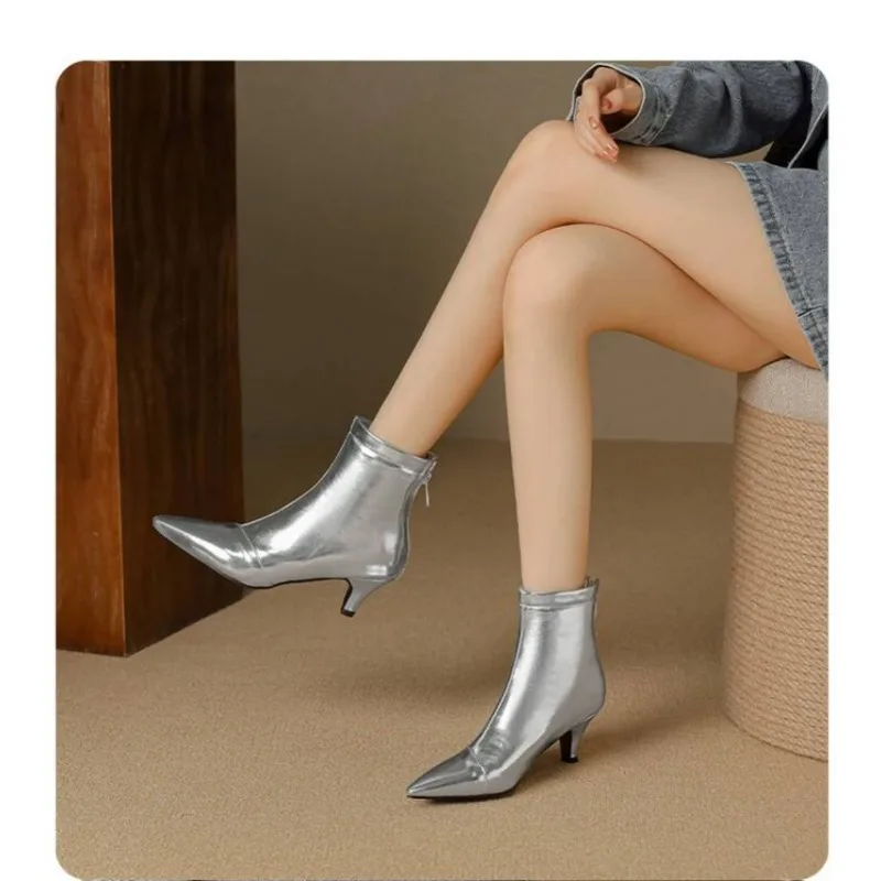 winter New style fashion high-heeled Women\'s Boots golden silvery Sharp tip Solid color PU zipper Thin Heels Women\'s Boots