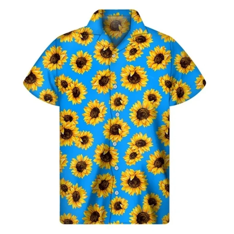 

Sunflower 3d Print Slim Fit Retro Social Shirt For Men Fashion Classic Short Sleeve Summer Vacation Tops Hawaiian Floral Blouse