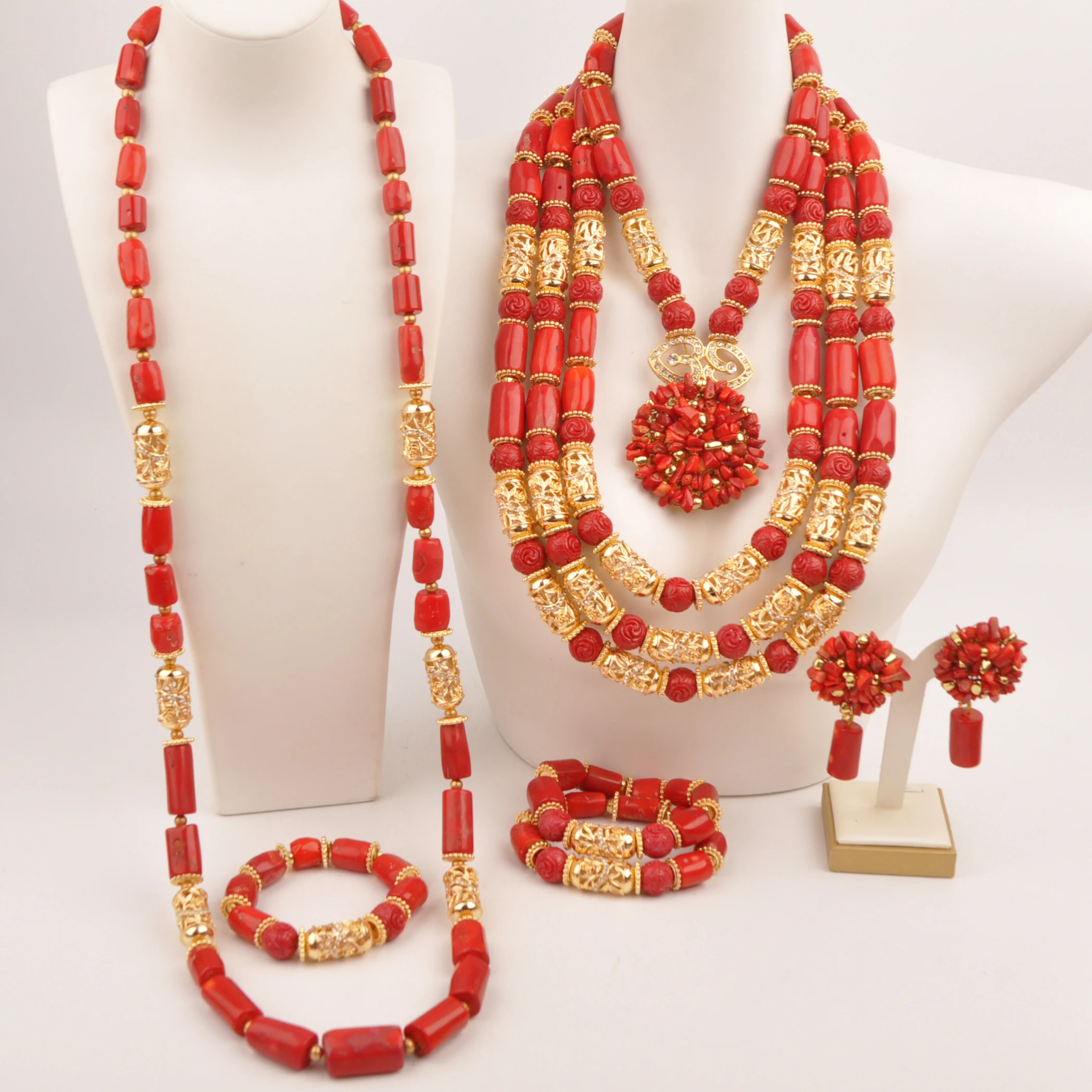 Luxury african wedding set nigerian coral beads red bride jewelry set groom necklace