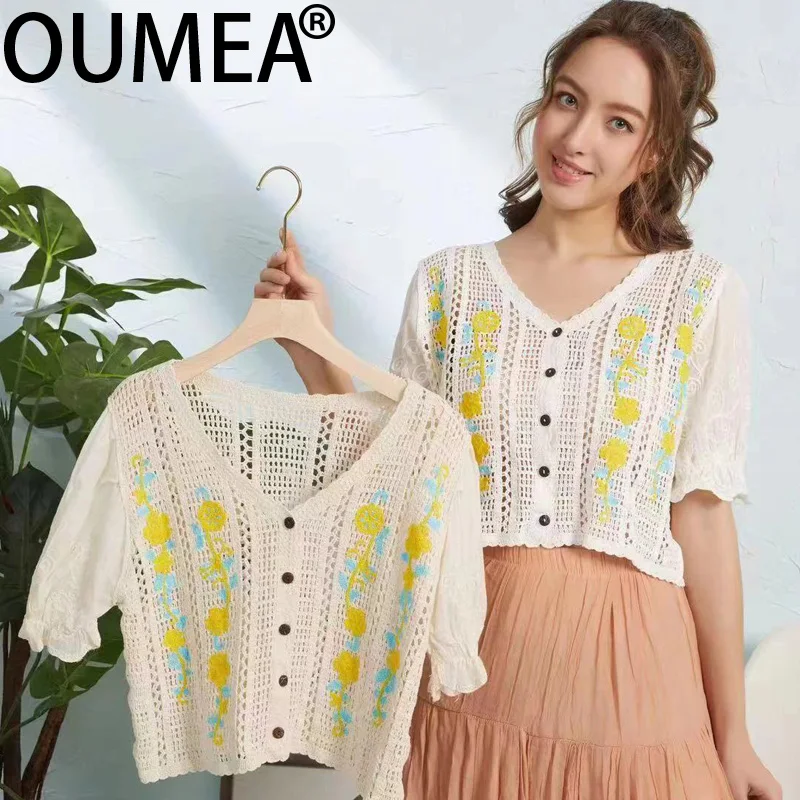 OUMEA Women Cotton Crochet Blouse V Neck Buttons Front Floral Knitted Shaped Cutout Cardigans Puff Sleeve Vintage Tops