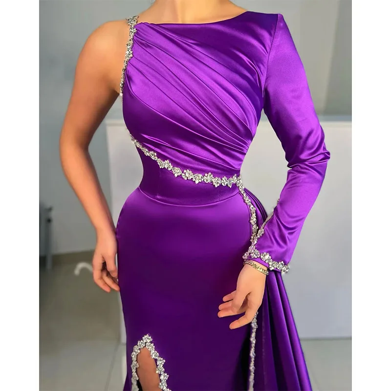 Elegant Purple Evening Dresses One Shoulder Split Party Prom Dress Sweep Train Formal Dress for Red Carpet Special Occasion