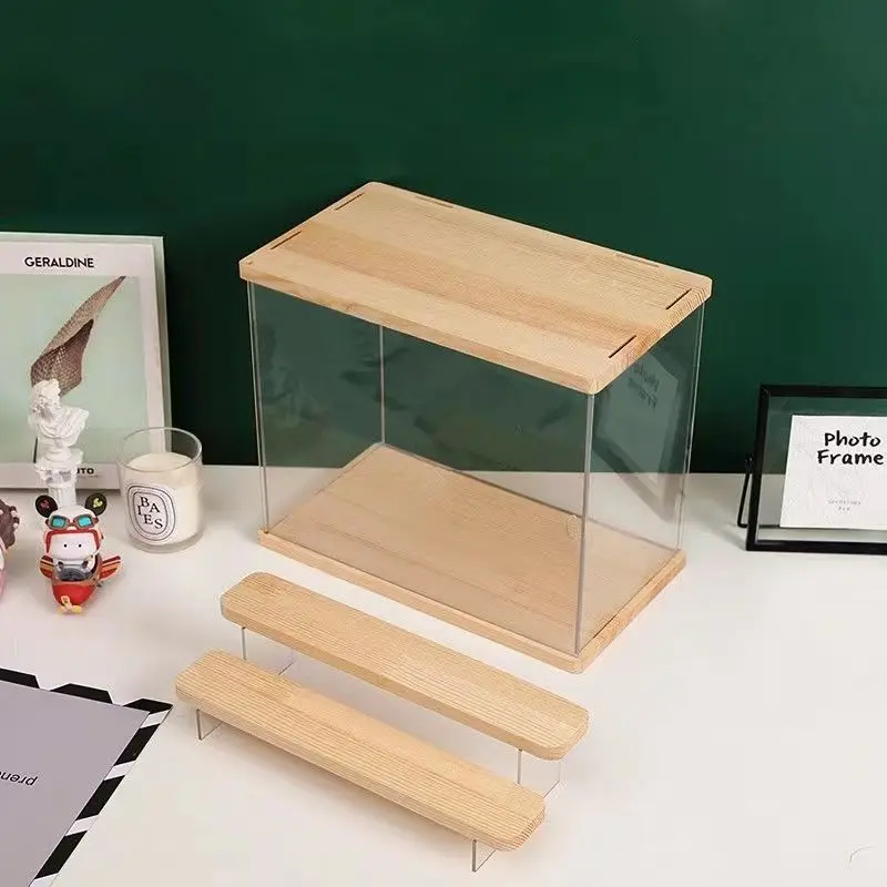 Clear Acrylic Figure Display Cabinet With Solid Wood Step Stand for Blind Box Toy, Cosmetic, Souvenir Display Box With Light