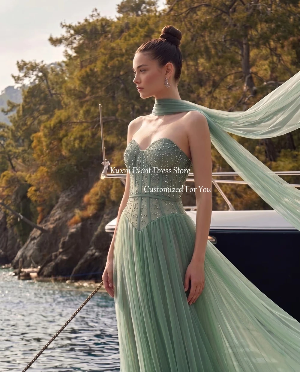 

Kuxm Sweetheart Tulle Prom Dresses With Long Cape Luxury Pearls Green Formal Party Gowns Women's Wedding Party Attire Customized
