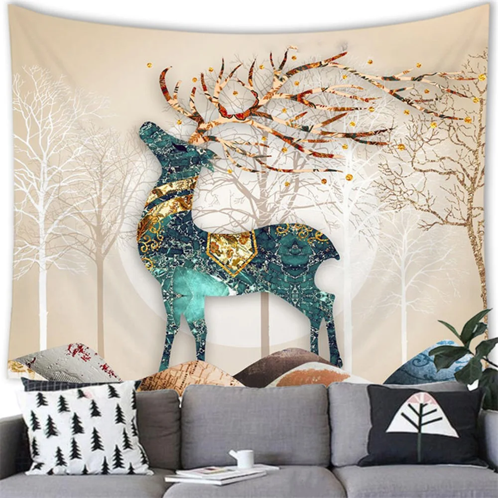 Vintage Deer Animal Tapestry Wall Hanging Beautiful Scenery Cartoon Animal Reindeer Tapestries Bedroom Living Room Dorm Decor