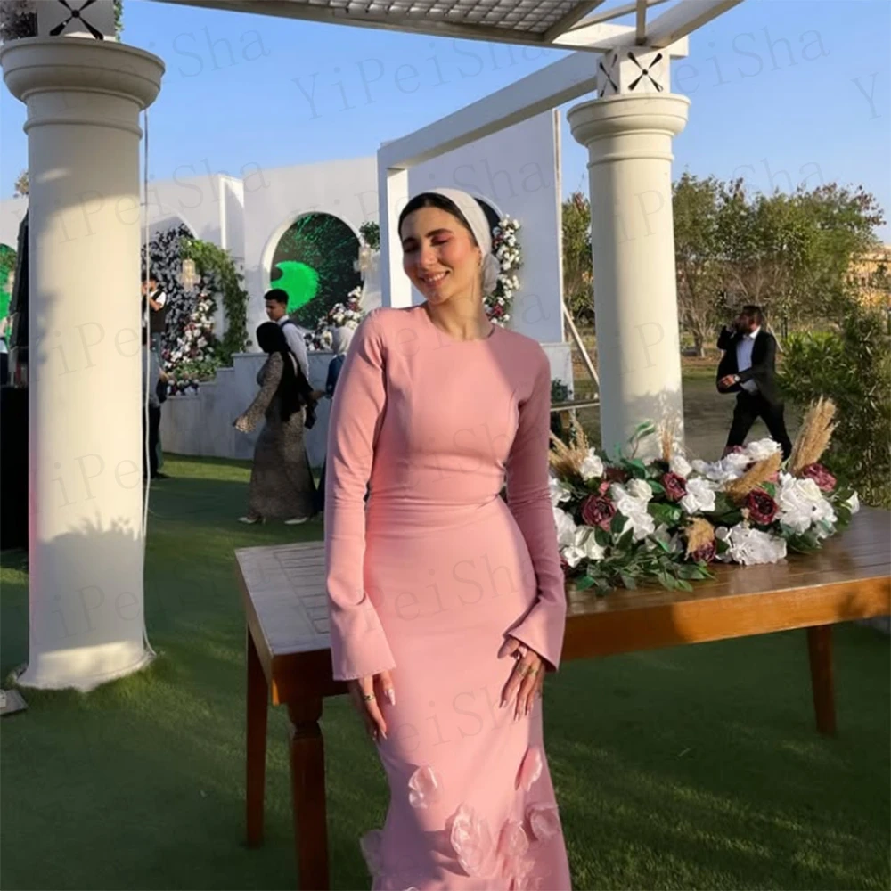 Vestidos de fiesta de corte en A, color rosa personalizado, largo hasta el suelo, cuello redondo, manga larga, vestido de noche sencillo, vestido de fiesta drapeado con flores a la moda