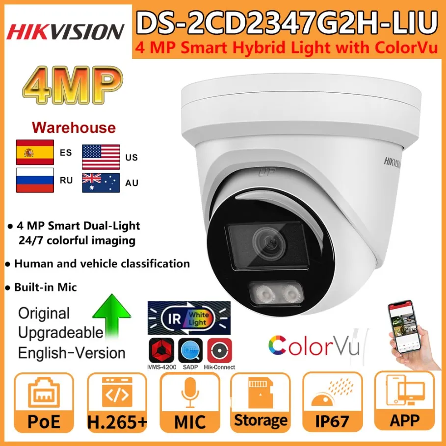 Hikvision 4MP IP Camera DS-2CD2347G2H-LIU Built-in Mic Dual-Light Smart Hybrid Light With ColorVu IR White Light Network Camera