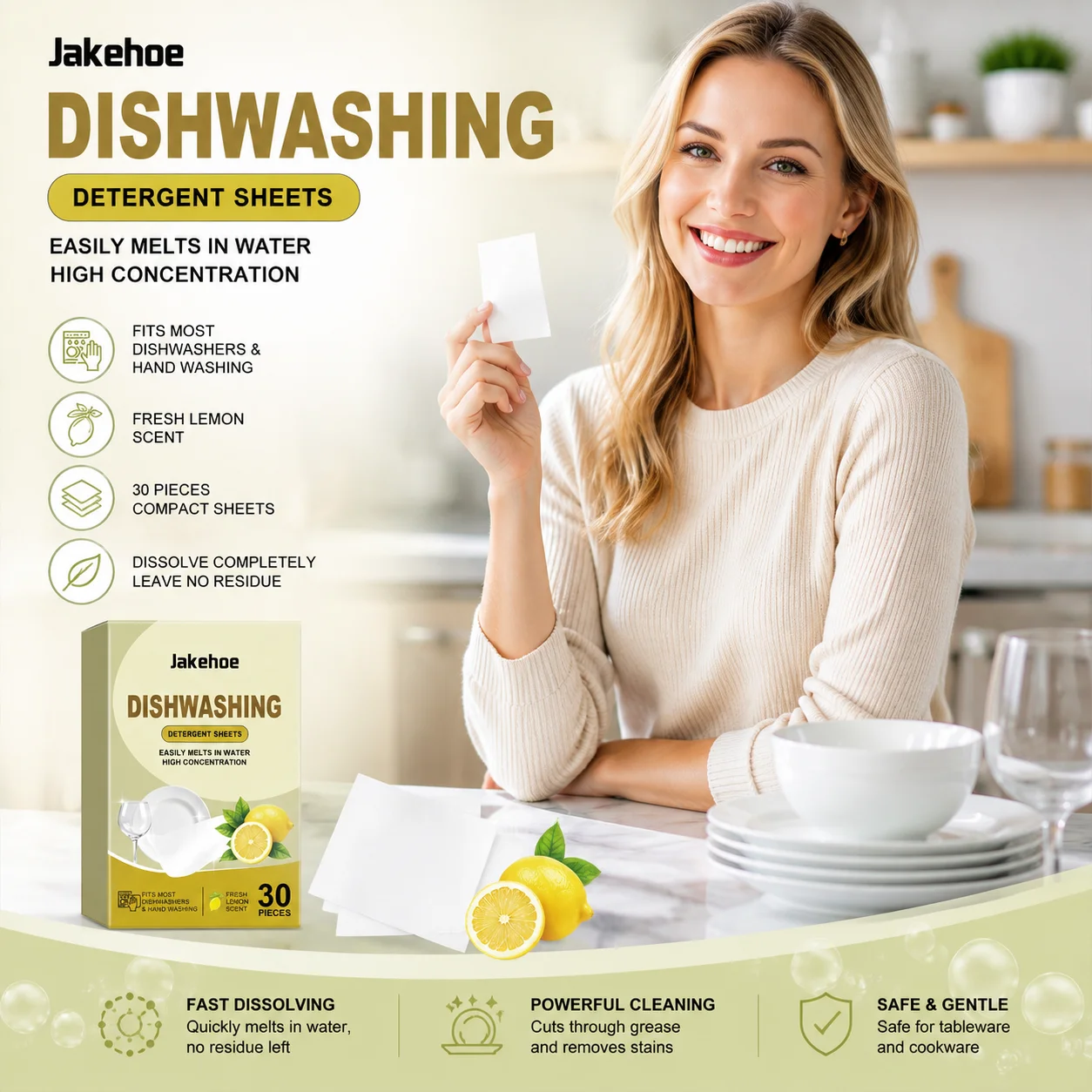 Jakehoe Dishwashing Detergent Sheets Cookware Oil Stain Remover Household Eco-Friendly Lemon Scent Dishwasher Detergent Sheets