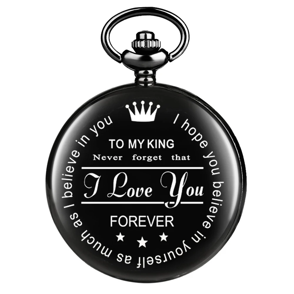 

To My King carving english alphabet face pocket watch a belt chain Black quartz watch birthday gifts for lovers